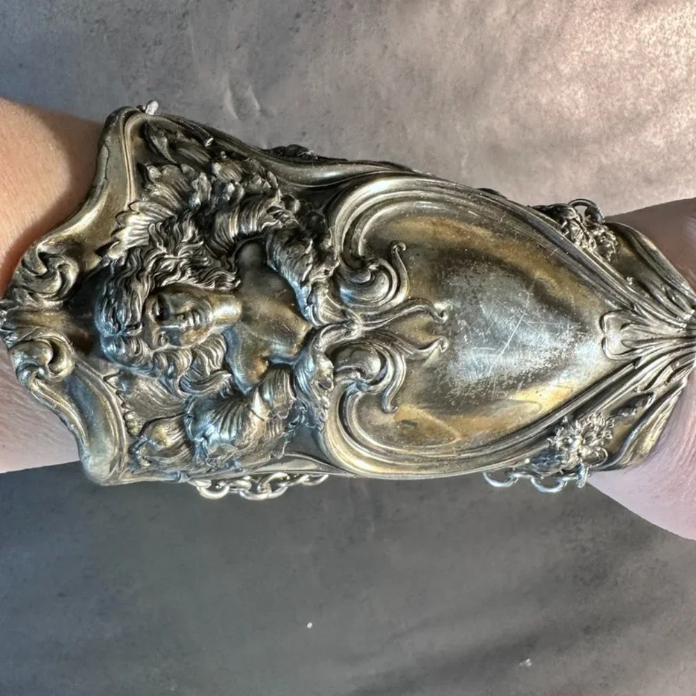 Antique Art Nouveau Wide Cuff Goddess Bracelet Bracer Alphonse Mucha Lady Face